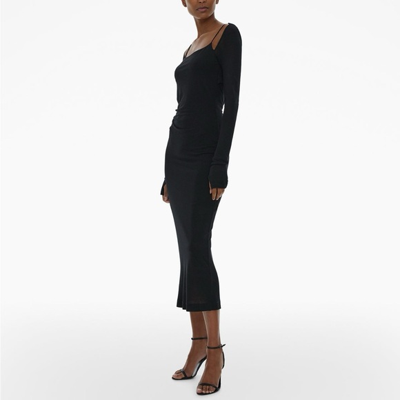 HELMUT LANG SCALA MIDI DRESS BASALT BLACK {$395} Spaghetti Strap Longsleeve Sm - Picture 1 of 10